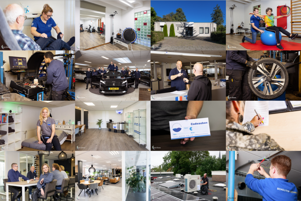 Collage van professionele bedrijfsfotografie in Hoorn met portretten van medewerkers, werkprocessen, bedrijfsinterieurs en zakelijke locaties van ondernemers in Noord-Holland.