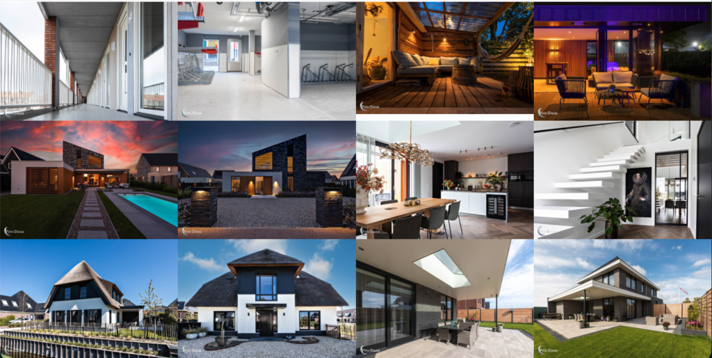 Collage van professionele vastgoedfotografie in Hoorn met woningen, interieurs, bedrijfspanden en recreatiewoningen.